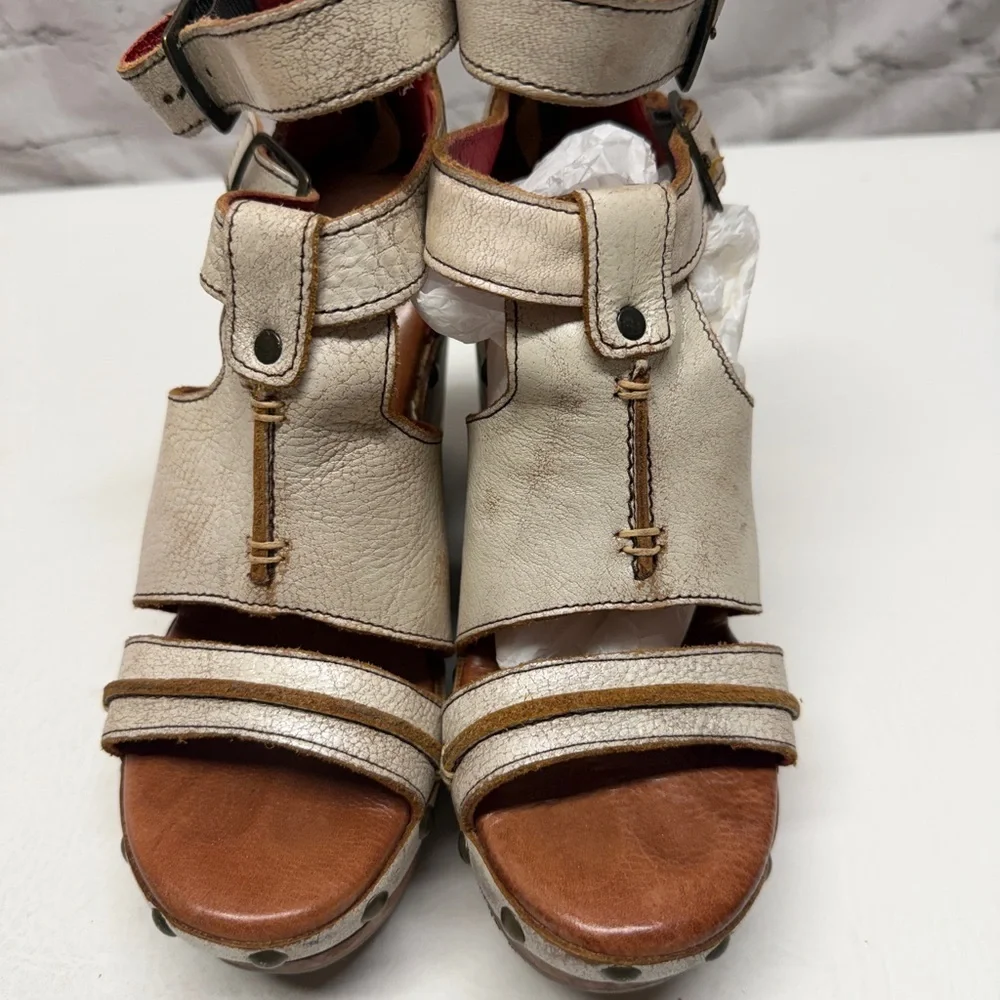 Bed Stu Cream Leather Studded Wedge/platform Sandals size 6